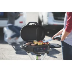 Coleman RoadTrip® 225 Portable Stand-Up Propane Grill -Coleman Shop 2000033048 coleman grill 225 su black close up of food on grate in use
